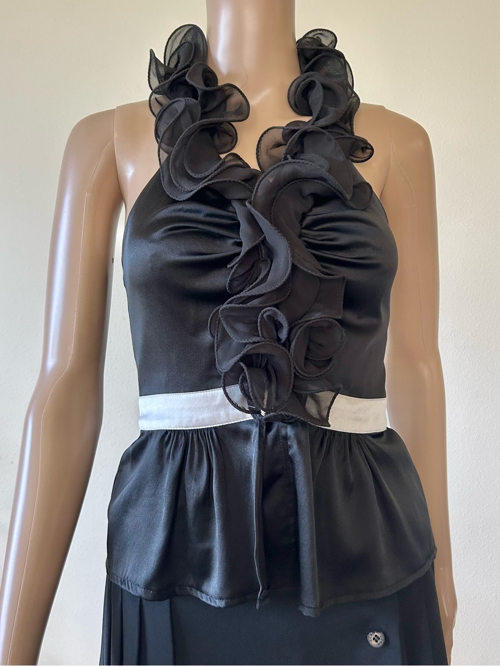 bebe Black Satin Ruffle Halter Camisole with white waist band.